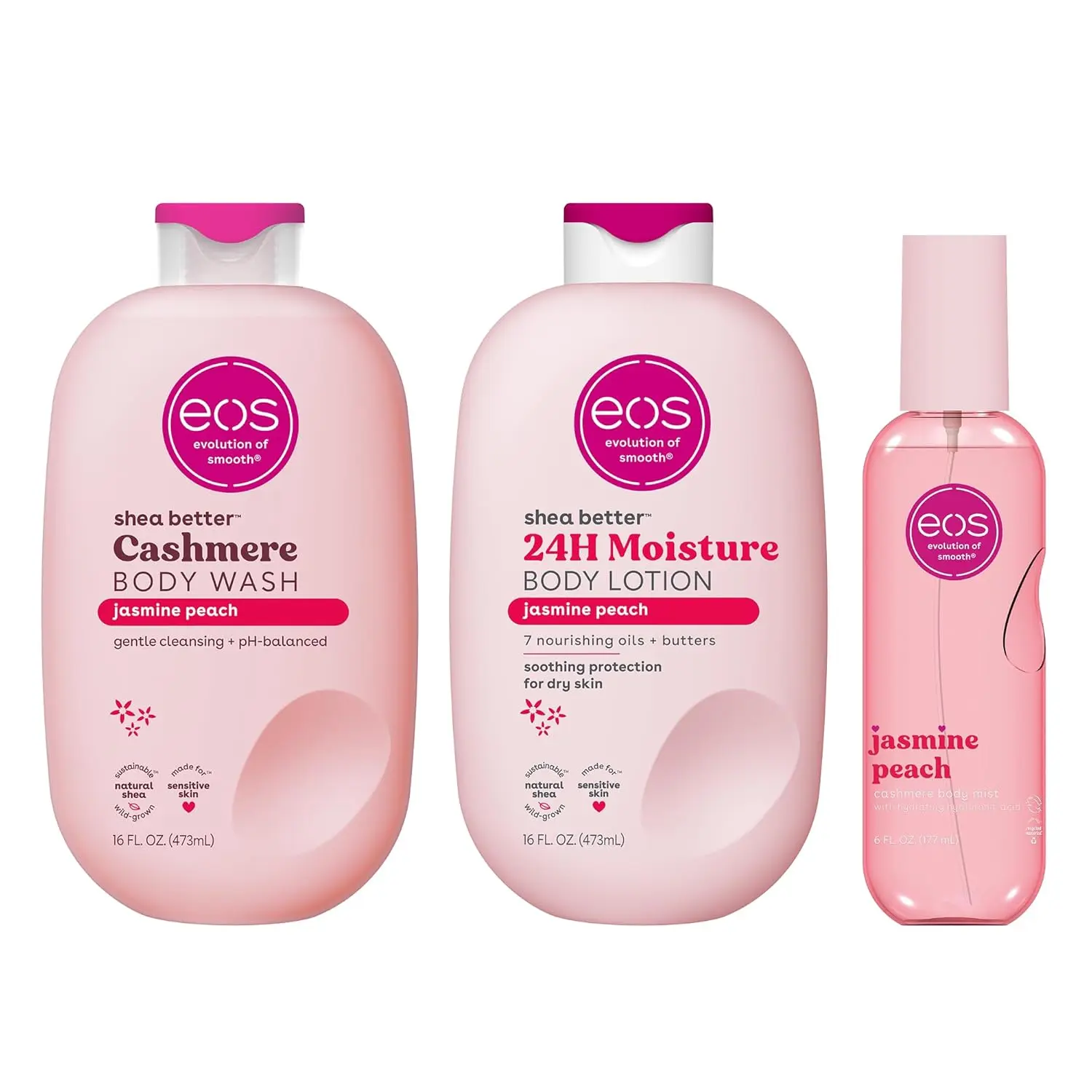 eos Essentials Bundle - Body Wash, Body Mist, Body Lotion - Jasmine Peach