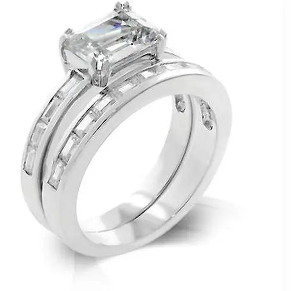 Women's Classic Rhodium-Coated Cubic Zirconia Princess Baguette Wedding Ring Set, Size 08