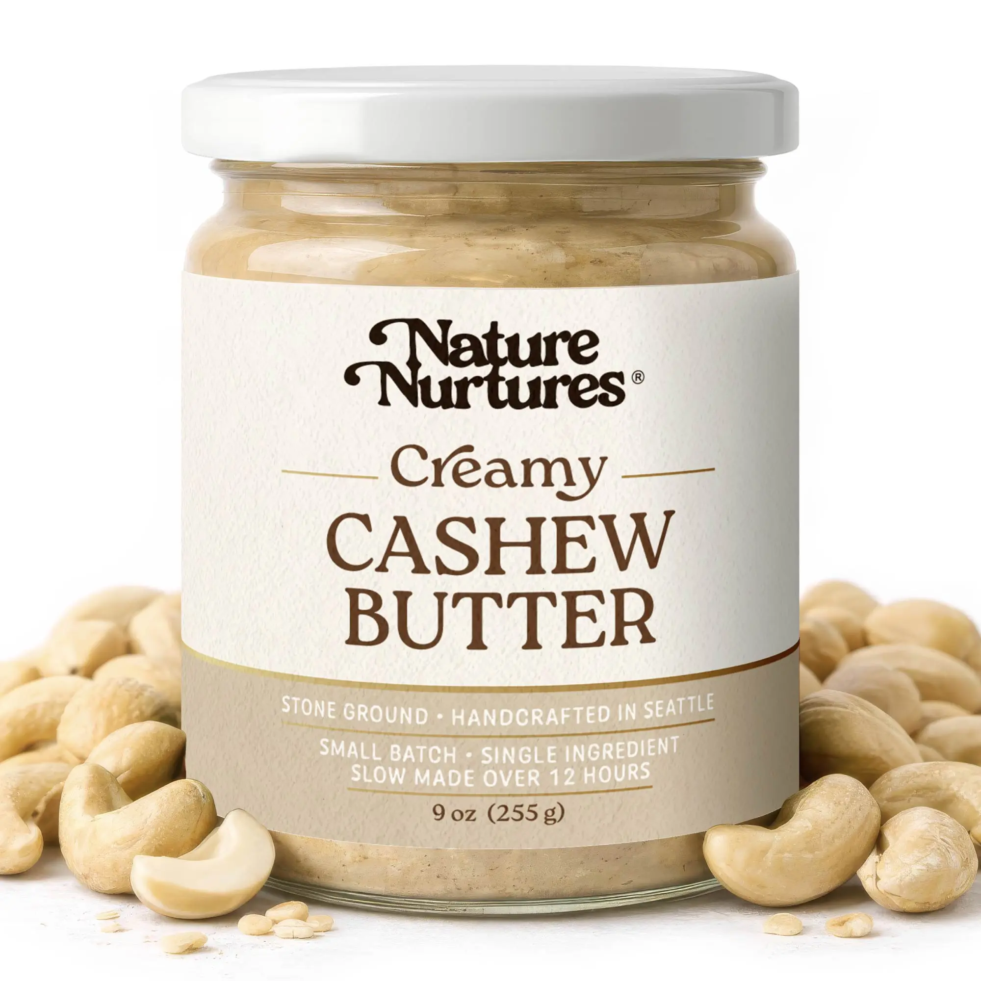 Creamy Cashew Butter · 100% Cashews · Single Ingredient · No Fillers · Raw · Stone Ground for 12 Hours · Small Batch · Handcrafted in USA · High Protein · 100% Pure & Natural · No Added Sugar · No Palm Oil · Packed in Glass Jar · 9 oz (255 g)