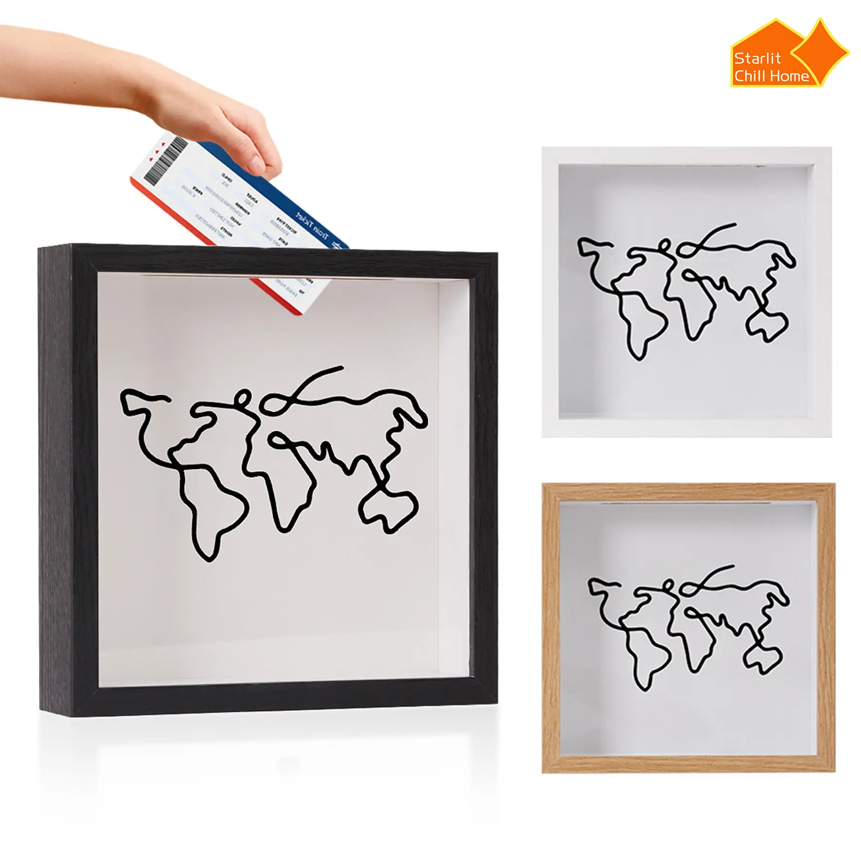 Wooden PVC Rectangle World Map Shadow Box Photo Frame - Decorative Room Decor, Desk/Home Wall Display, Ticket Stub Storage, Travel Memory Organizer, Wood Pvc