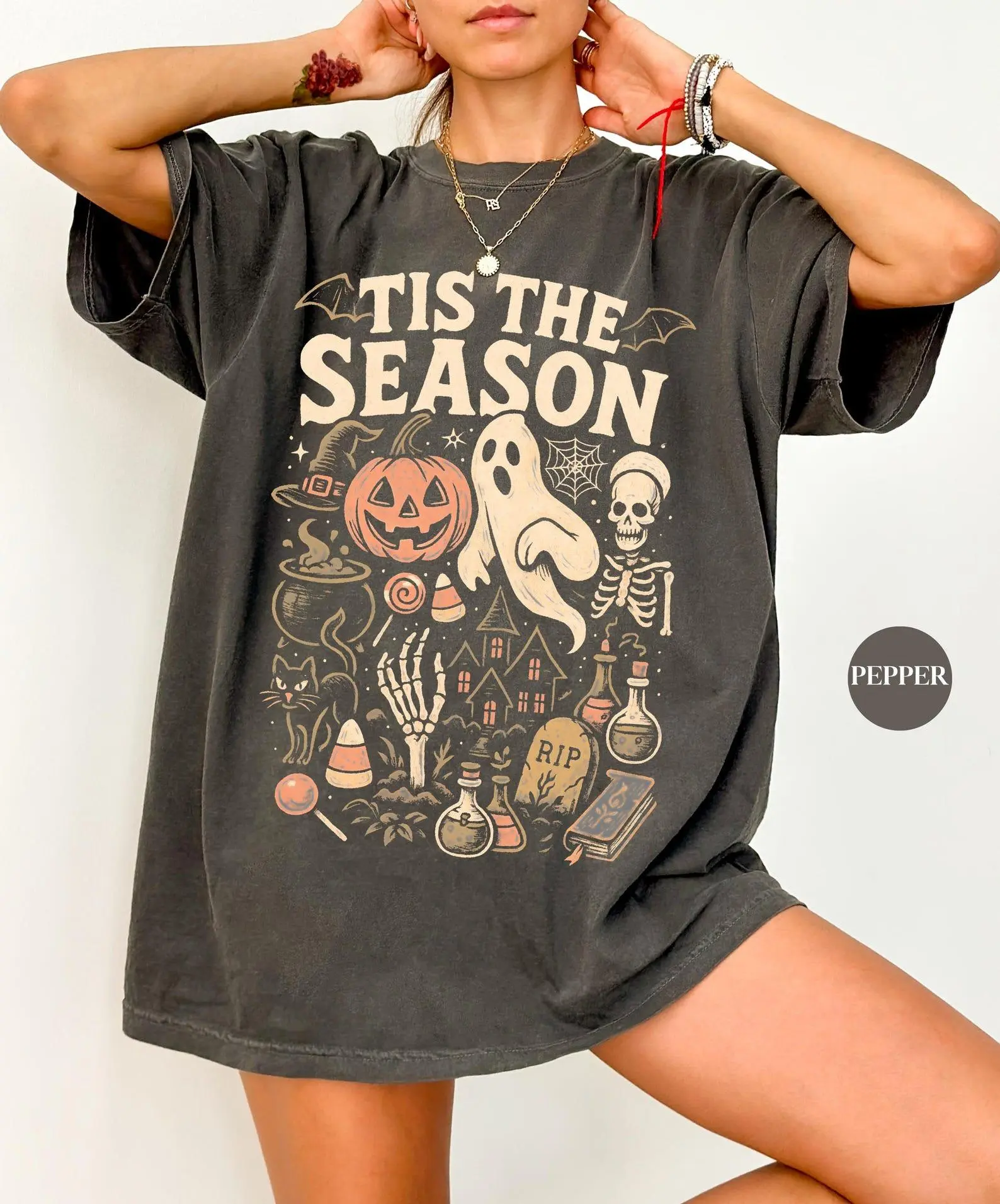 Comfort Colors Tis The Season Halloween T Shirt, Vintage Skeleton Pumpkin Ghost Tee, Retro Y2K Halloween Graphic Shirt, Spooky Season Outfit