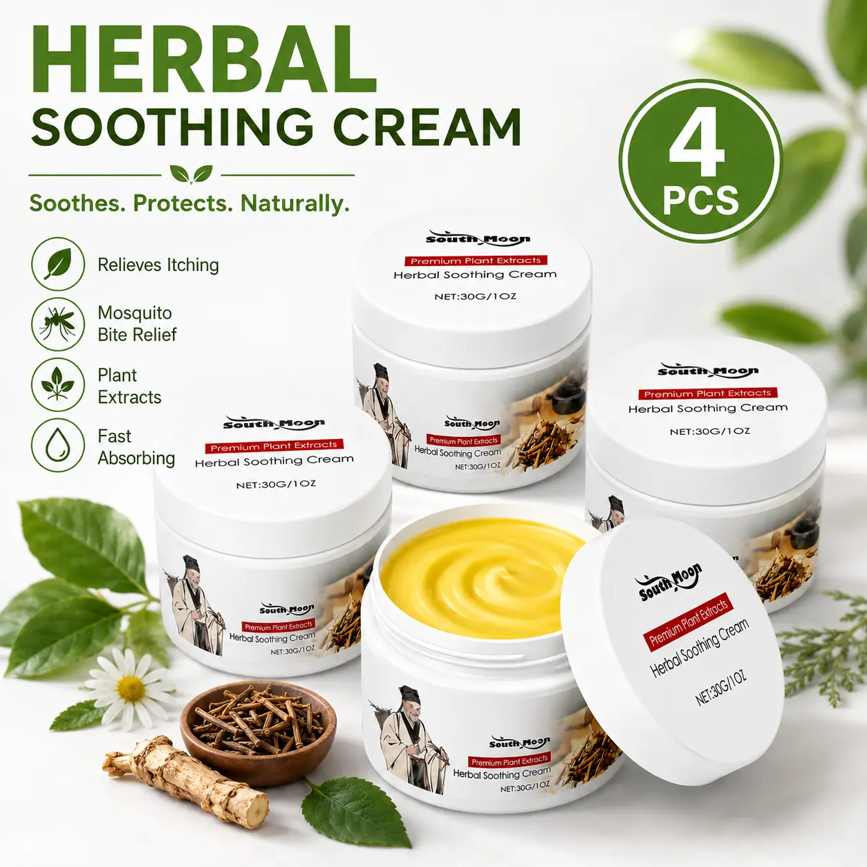 Herbal Soothing Balm for Itch Relief and Mosquito Bites, Plant Extract Moisturizer for Adults - 4 Pack, 30g Each, Natural Relief