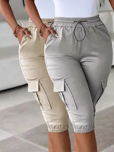 Women's 2-Pack Elastic Waist Slim Fit Casual Multi-Pocket Solid Color Capri Pants, Comfortable and Stylish, Perfect for Daily Wear