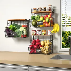 Fruit Basket for Kitchen with Wood Lid - Counter&Wall Mounted Onion and Potato Storage with Nameplate, Stackable Storage Basket, Hanging Metal Wire Baskets Kitchen Countertop Organizer Pantry 3 Pack