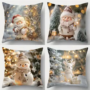 4pcs, Christmas Pillowcase, New Art Bedside Cushion Warm Lighting Cute Christmas Tree, Santa Claus, Snowman, Dwarf, Deer Pillowcase, Room Decoration, Office Decoration, Living Room Decoration, Sofa Decoration, Single-sided Printing without Pillow Core