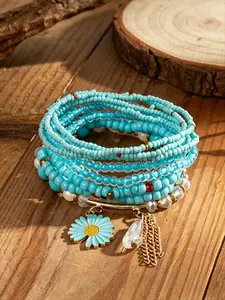 9-Piece Bohemian Artificial Crystal Beaded Daisy Fringe Stackable Bracelets Set, Ethnic Style Party Wedding Hand Jewelry