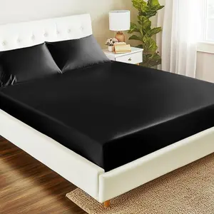 Satin Fitted Sheet  Size - Black Silky Bed Fitted Sheet Only with Deep Pocket, Luxury Soft Non-Fading Silk Feel Single Bottom Satin Bed Sheet