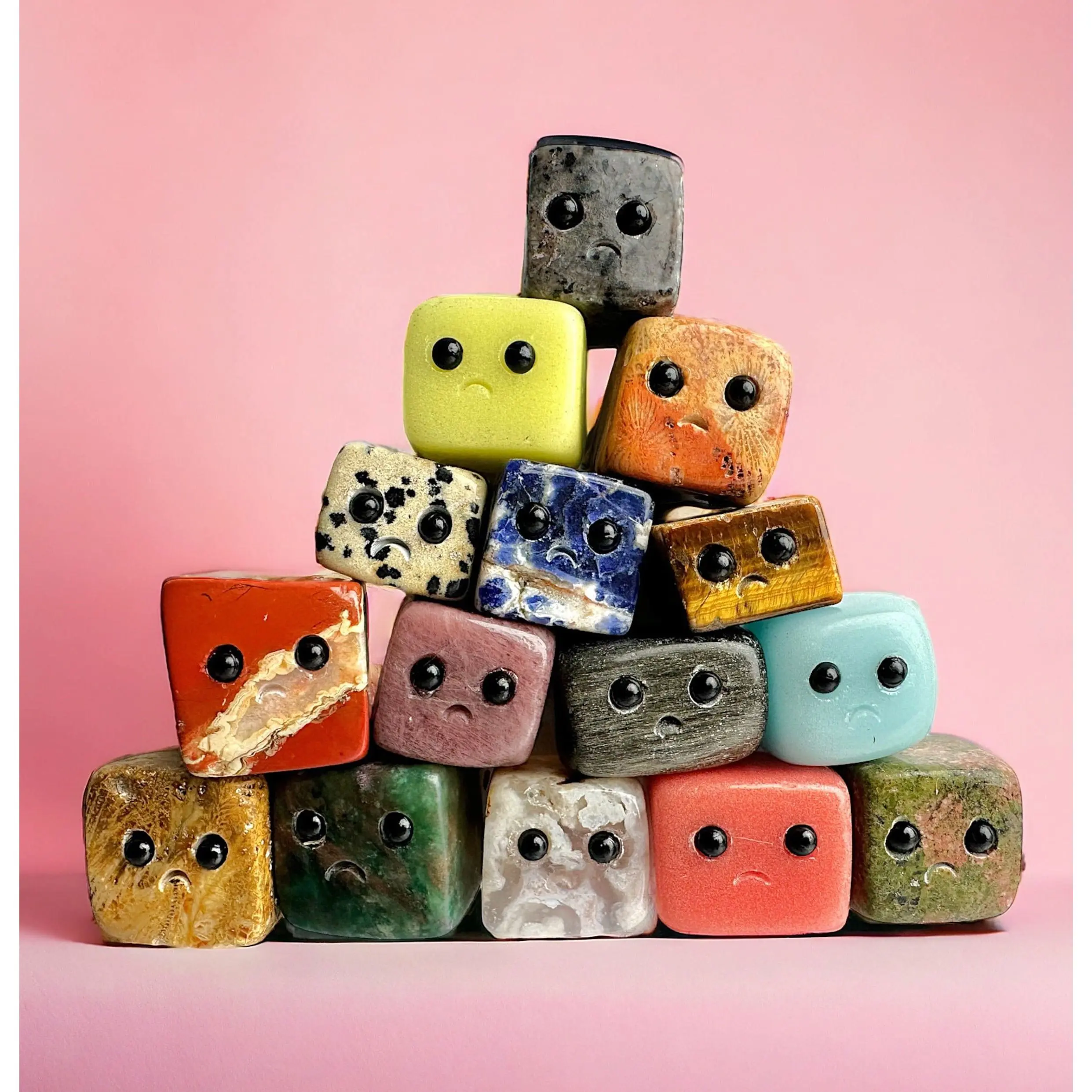 Mystery Crystal Cube Frownie Buddy • Carved Gemstone Frownie Face Friend • Pet Rock Gift C8