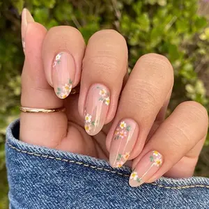 Pink Spring Press on Nails Almond Shape Fake Nails with Small Flower Designs Daisy Floral Artificial Nails Medium Length Spring Summer Glue on Nails Flowers Stick on Nails for Women, 24Pcs