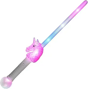FlashingBlinkyLights Unicorn Light Stick Light Up Wand Magic Wand for Girls 18.5" Long with Frosted Blade Clear Multi-Faceted Unicorn Head Illuminating Sphere Blue White Pink LED Lights Perfect for Birthdays Halloween Festivals