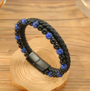 Men's Bracelet Lapis Lazuli Black Onyx Double Braided Leather Calming Meditation Bracelet Magnetic Clasp Bangle Handmade Gift for Him