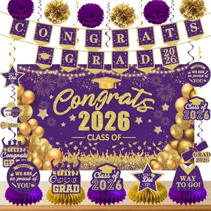 and  Graduation Decorations Class of 2026 Grad Party Decor Pack: Congrats Grad Banner and Graduation Backdrop Graduate Centerpieces  Swirls Tissue Pom Poms Paper Flower Set