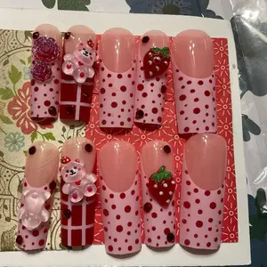 Beautiful Red & Pink Teddy Bears and Strawberries Size Large Press On Nails Set # 262 with Polka Dot Design and Sparkling Accents