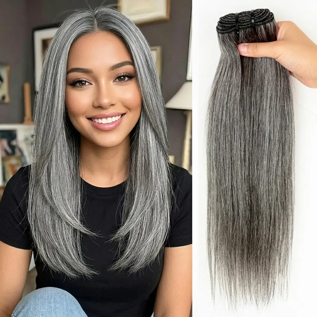 Salt and Pepper Human Hair Bundles 10-22Inch Straight Human Hair White Grey Silky Straight Human Hair Extensions 100% Unprocessed Brazilian Hair for Black Women