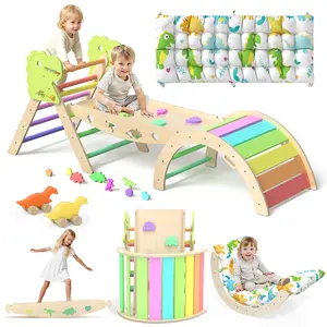 Pikler Triangle Set with Cushion 9 in 1 Climbing Toys for Toddlers 1-3 Indoor Baby Climbing Gym Toddler Montessori Toys Wooden Climbing Toys with Maze Toys, Shape Sorting Toys, Dinosaur Car