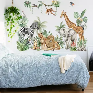 2D Flat Set of 4 Pcs 30×90cm Primitive Forest Animals & Tropical Plants Glossy Frosted New Craft Wall Stickers for Home Background Decor