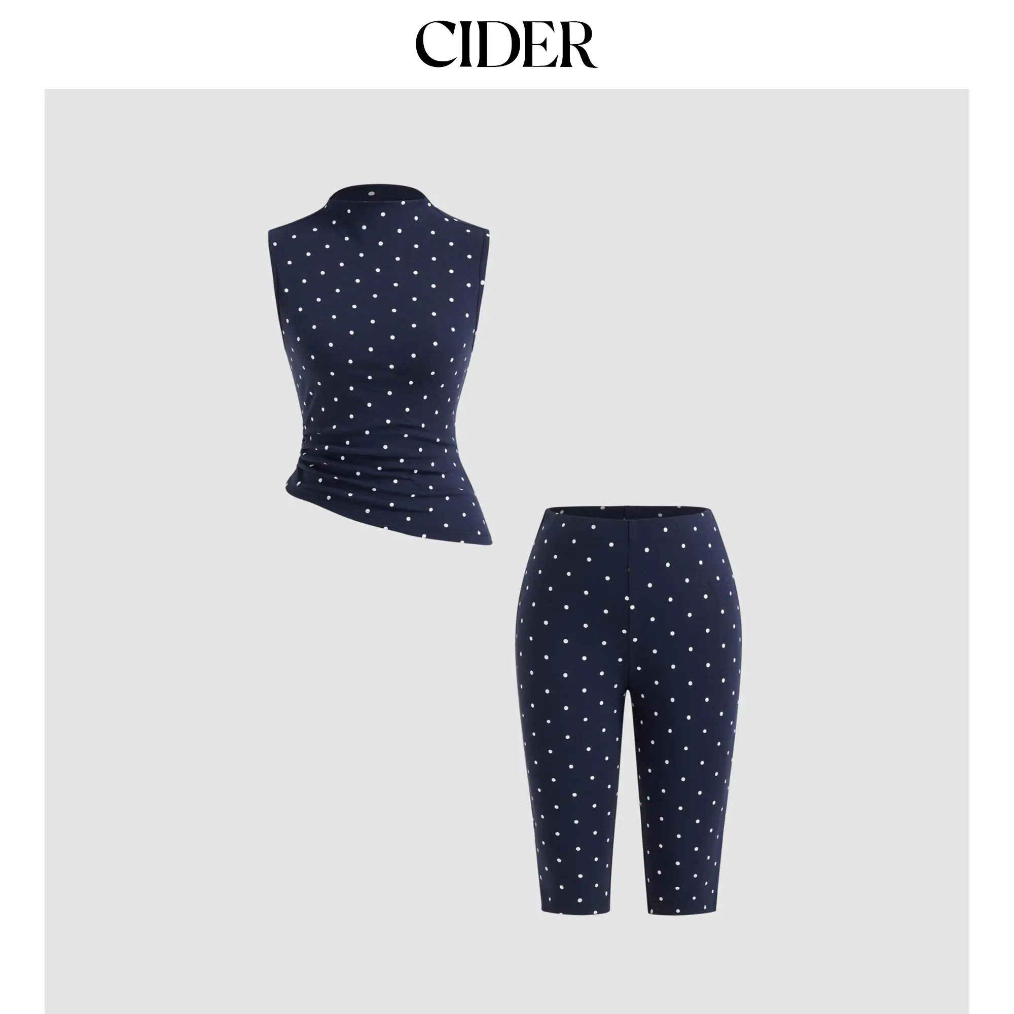 Cider Cotton-blend High Neck Polka Dot Asymmetrical Hem Top & Mid Rise Capri Pants Set