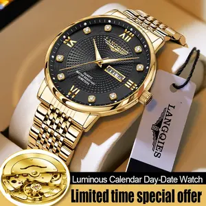 LANGQIES Elegant Men's Watch with Swiss Movement 42mm Dial Sapphire Crystal Stainless Steel Luminous Water-Resistant Dual Calendar Design