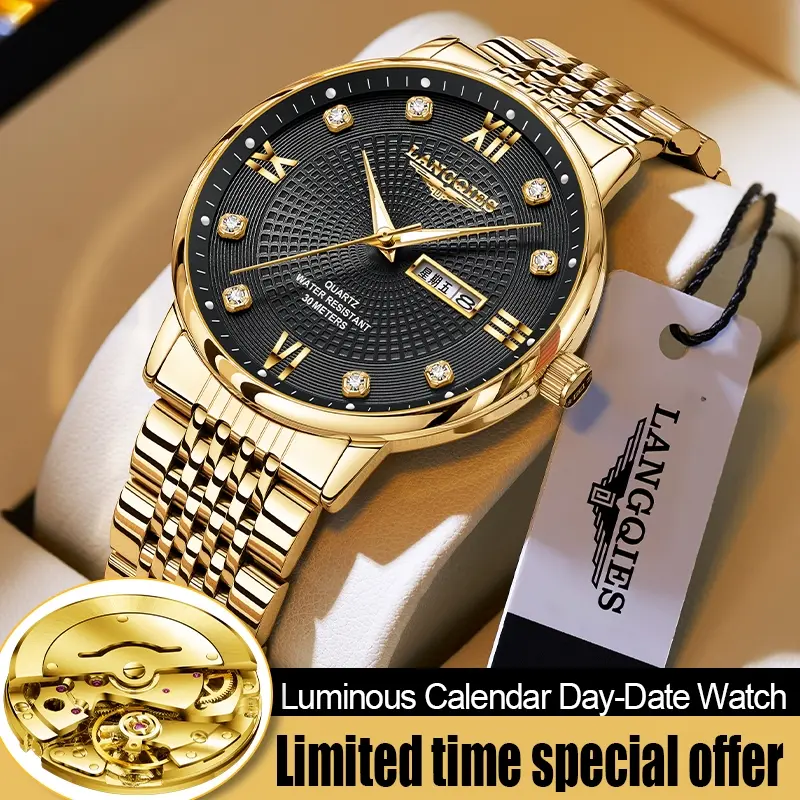 LANGQIES Elegant Men's Watch with Swiss Movement 42mm Dial Sapphire Crystal Stainless Steel Luminous Water-Resistant Dual Calendar Design