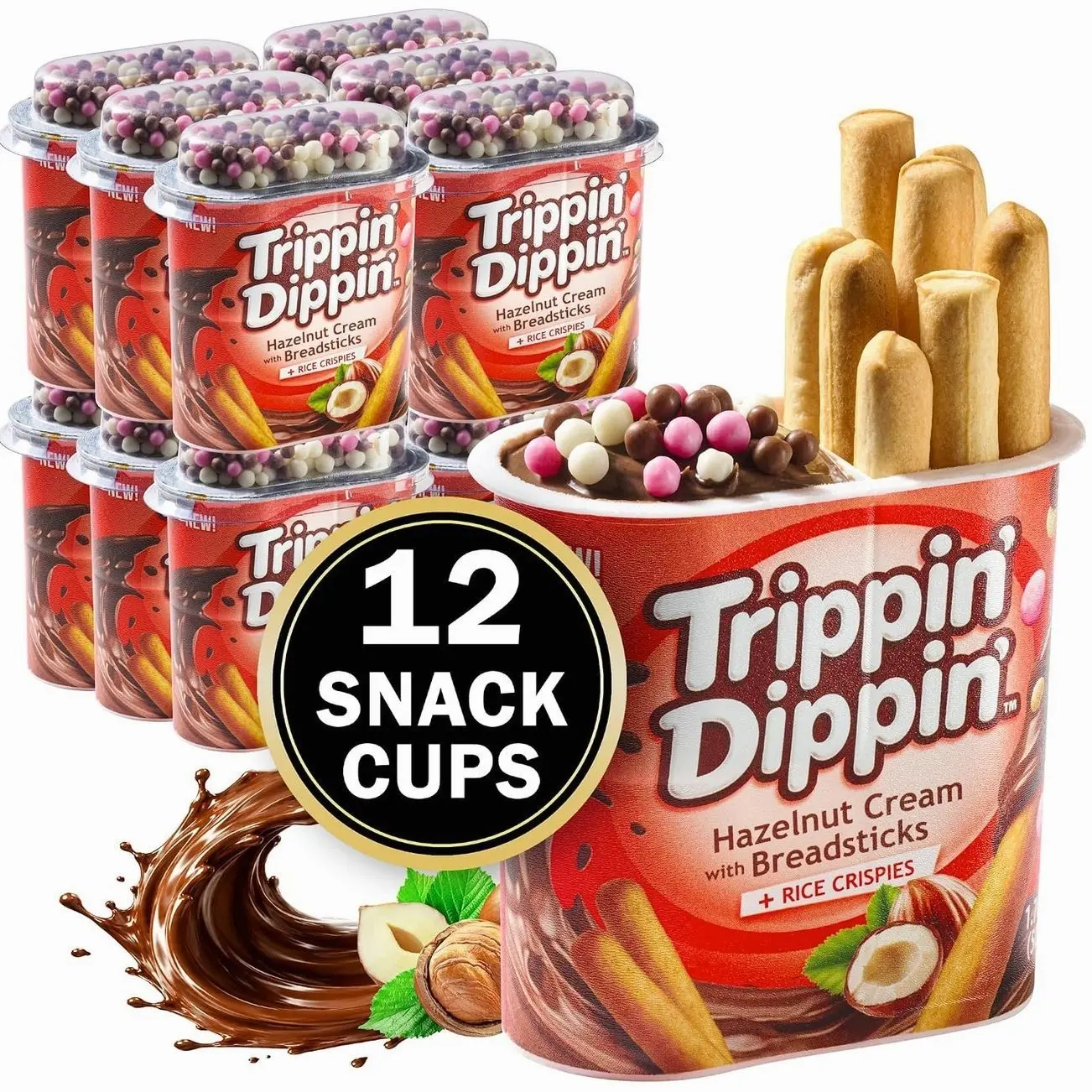 Trippin Dippin Breadsticks with Chocolate Hazelnut Dip and Rice Crisps – 12 Pack Bulk Snacks for an On the Go 1.76 oz Individual Snack Cups