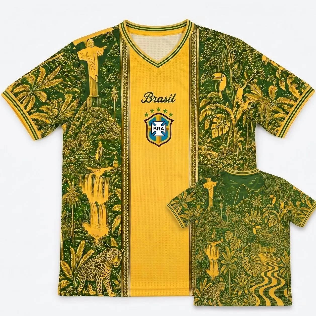 Yellow Green Rio Landscape Soccer Jersey - Christ Redeemer Amazon Jungle Football Shirt - Toucan Jaguar Graphic Tee