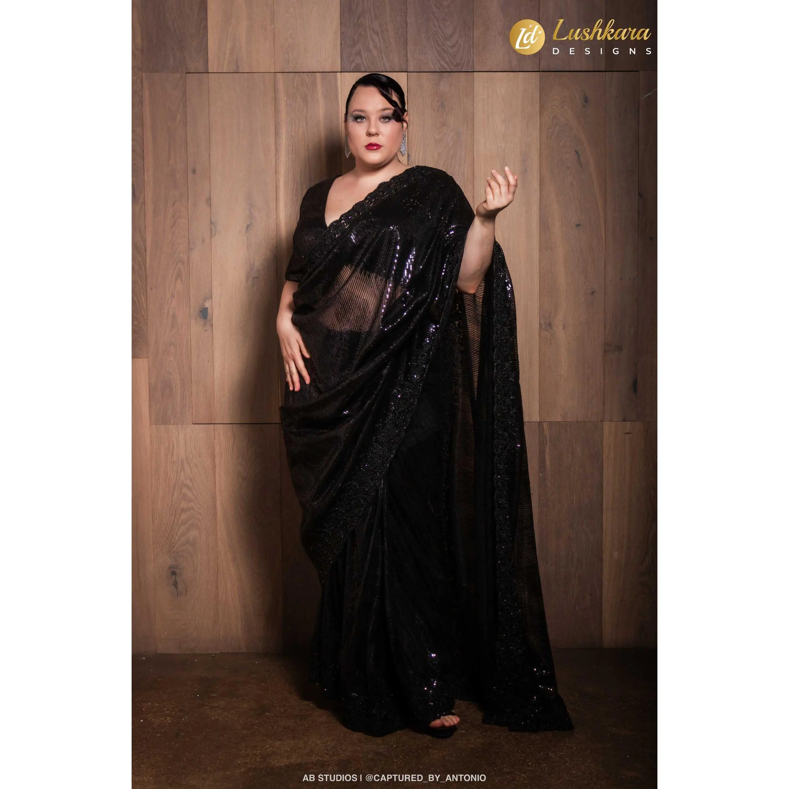 Lushkara Black Sequin Saree with Sheer Drape