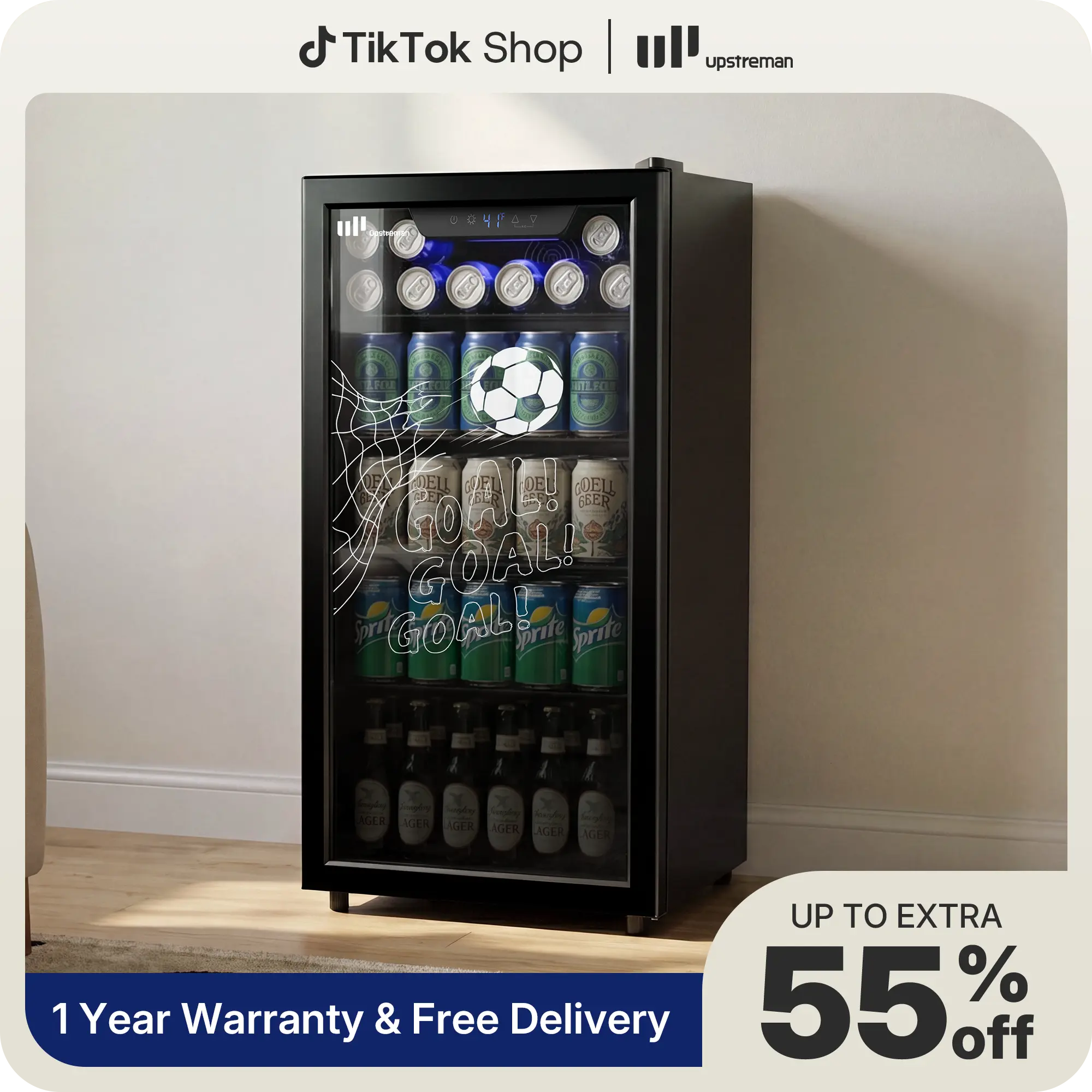 Upstreman Black Compact Mini Fridge Refrigerator - 3.2 Cu.Ft Beverage Cooler with Glass Door, Adjustable Temperature Control, 126-Can Capacity for Home, Bar - B126