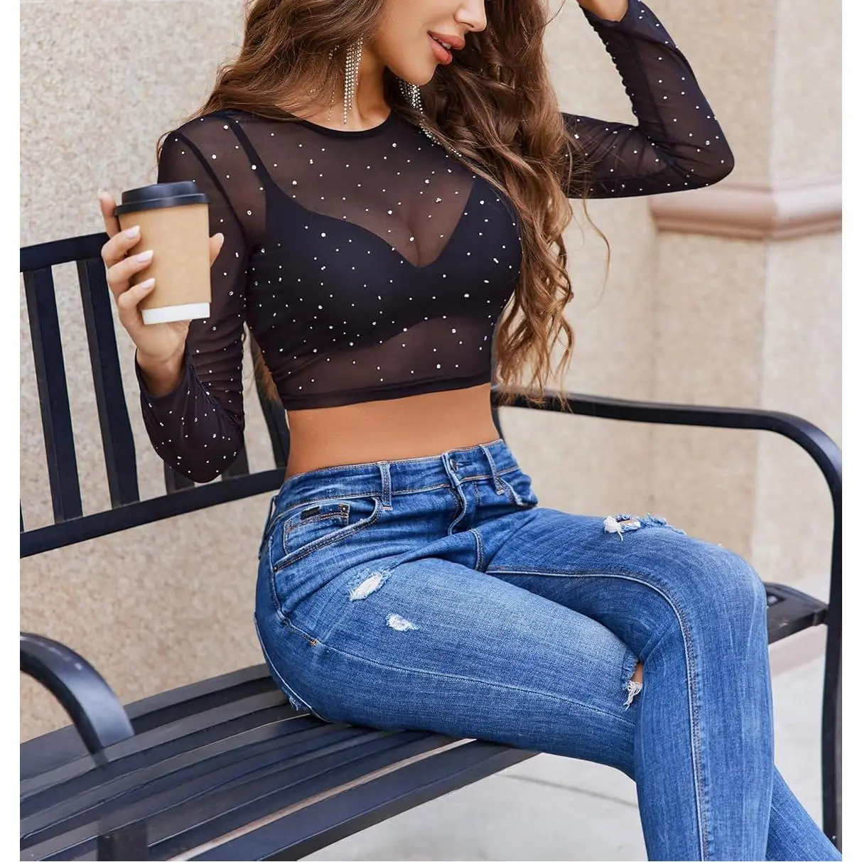 Womens Sparkly Rhinestone Mesh Top Long Sleeve Sheer Shirt Crewneck Glitter Tops See Through Crop Top Bag Beach
