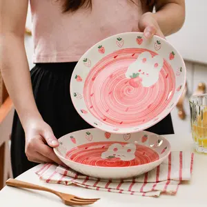 Creative Cute High-Quality Plates Set, Home Strawberry Rabbit Design, Microwave Oven Safe, Dishwasher Friendly, Easy Clean Ceramic Dishes, Dishwasher Safe Tableware, Ceramics Plate