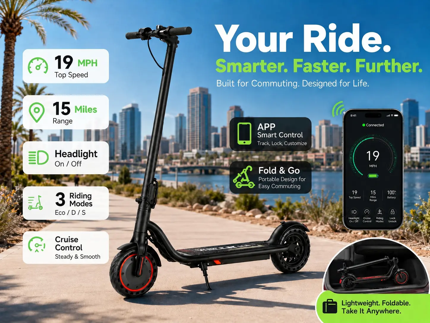 SummerWins Unisex Compact Foldable Electric City Scooter - 350W Brushless Motor, 19MPH Max Speed, 15mi Range, 15% Hill Climbing, Smart LED Display, Bluetooth APP Control, 1-Step Fold Portable Commuter E-Scooter for Adults