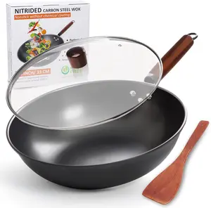 Wok Pan with Lid, 13 Inch Wok & Stir-fry Pan with Wooden Spatula, No Chemical Coated Carbon Steel Wok, Nitrided Non-stick Chinese Wok with Flat Bottom for Induction, Electric, Gas Stove