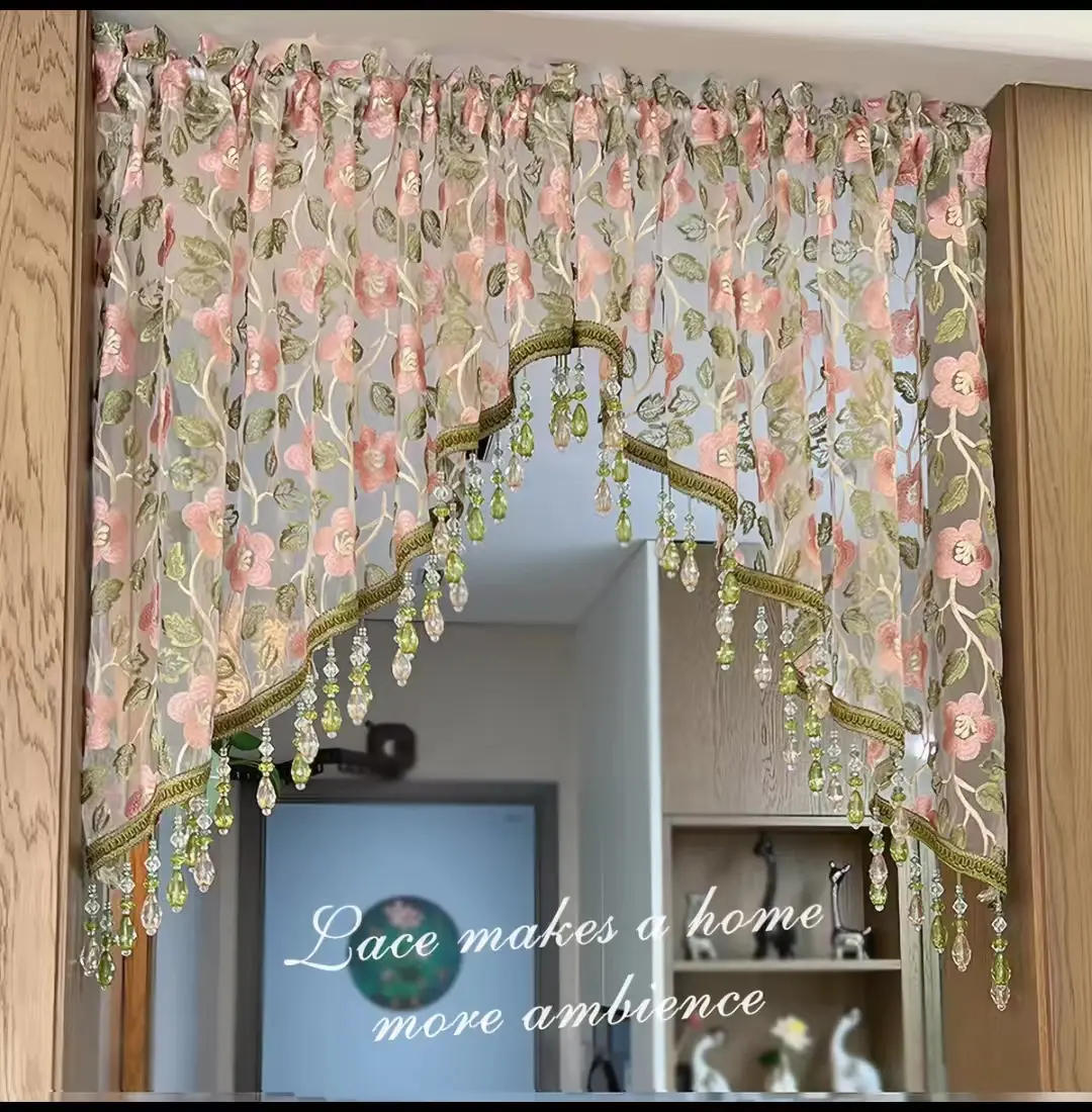 Floral Lace Doorway Curtain with Beaded Tassel, Vintage Cottagecore Sheer Room Divider, Aesthetic Embroidered Arch Valance for Door Closet Bedroom Window
