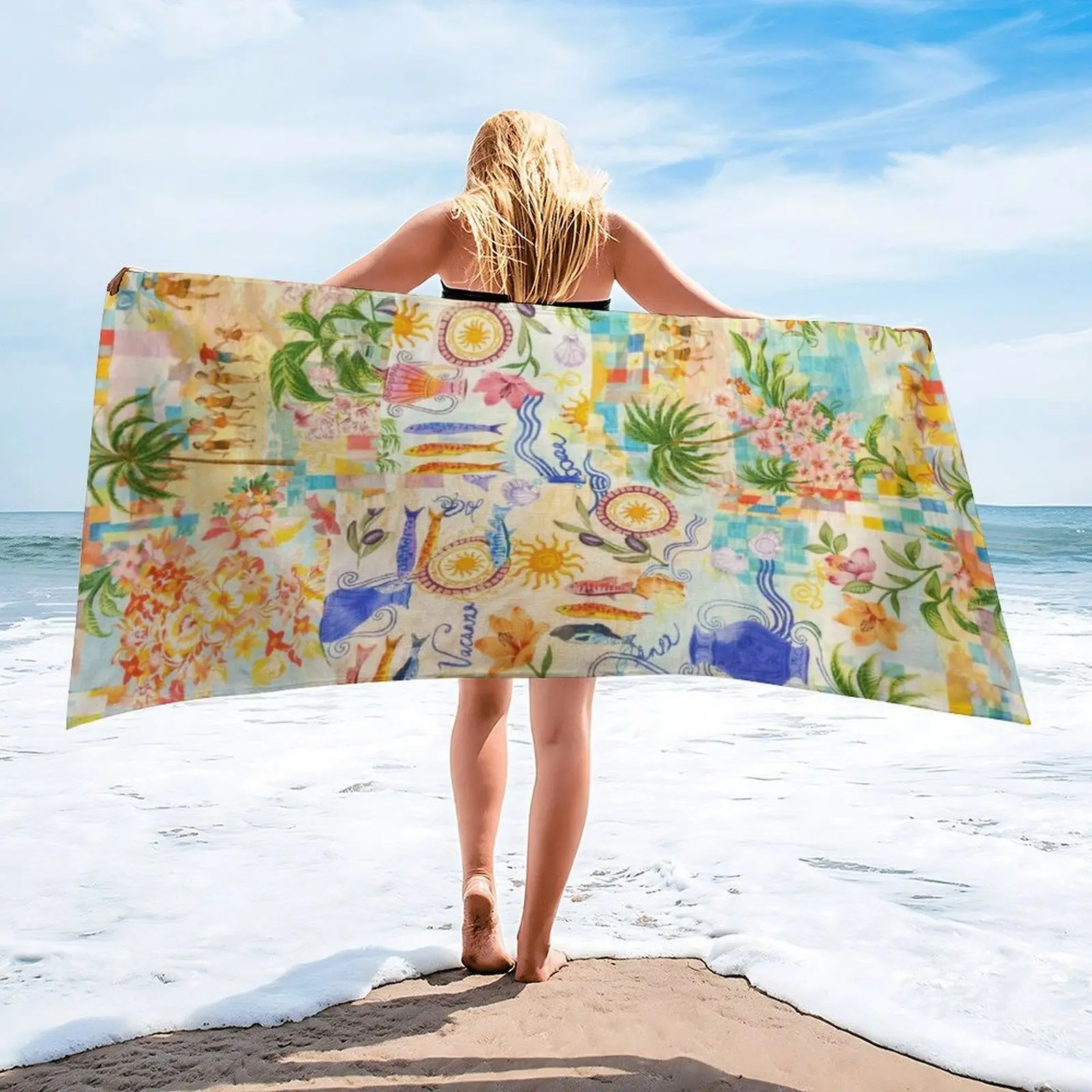 Microfiber Beach Towel for Adults - 31x61 Inch Sand Free Oversized Towel, Quick Dry & Super Absorbent Travel Towel, Colorful Doodle Tropical Summer Print Lightweight Large Bath Towel for Swimming, Pool, Gym, Yoga, Camping, Cruise Essentials