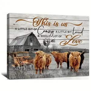 1 Piece Farm Highland Cow Wooden Wall Art, Vintage Prints, This Is Our Cow Canvas Farmhouse Barn Country Painting Truck Artwork, Holiday Gift for Her/Him (With Frame)