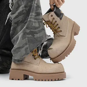 Men's Retro Genuine Leather Work Boots Chunky Toe High Top Suede Fashion Boots