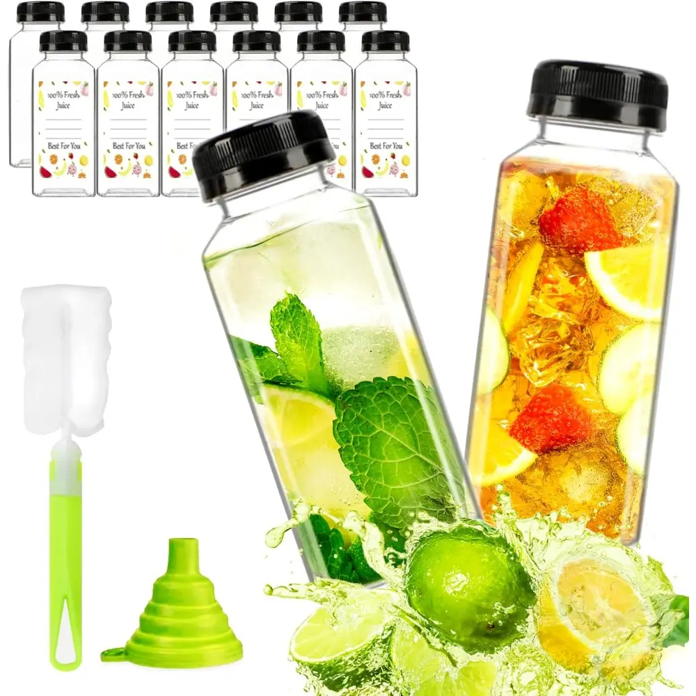 12-Pack 12 oz Plastic Juice Bottles - Reusable Storage Containers with Black Tamper-Proof Lids, Brush, Funnel, Labels for Juicing, Smoothies | Home Organiser Storage Jars