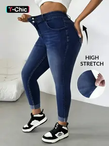 [Plus Size] Solid Basic High Waist Slim Skinny Tight Fitted Jeans, Casual Streetwear Fashion Denim Pants for Daily Outdoor Wear, Women Plus Clothing for All Seasons, Womenswear