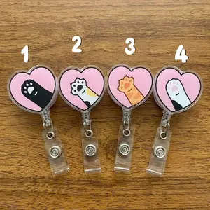 Cat Paw Heart Retractable Badge Reel, Durable Acrylic ID Card Holder Clip, Cute Animal Nursing Essentials, Office & School Supplies Gift