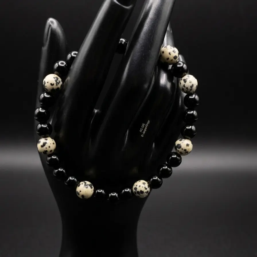 Dalmatian Jasper & Onyx Black Stretch Bracelet