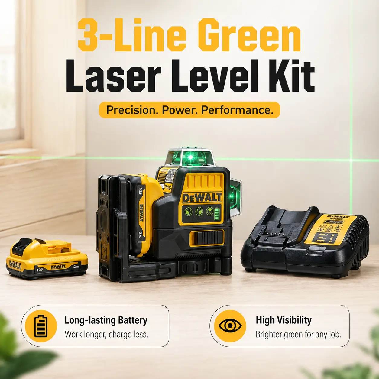 Dewalt DW089LG Green Light Laser Level, 3-Side 360-Degree 12-Line Horizontal & Vertical Laser Tool for Outdoor Use
