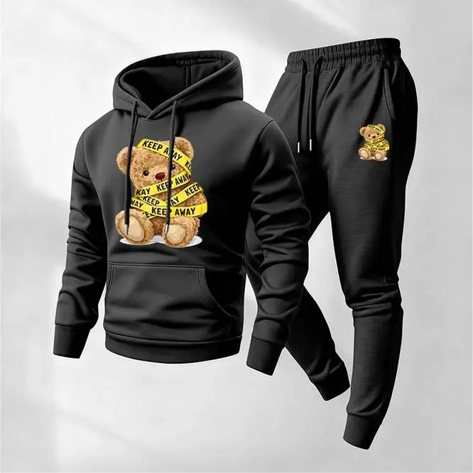 Men's 2-Piece Soft Tracksuit with Cute Bear Letter Print - Hooded Long Sleeve Jacket & Trousers, Casual Loose Fit, Drawstring, Breathable, Machine Washable Sweatsuit Outfits for Fall Winter Athleisure (S-3XL, Includes 2XL)