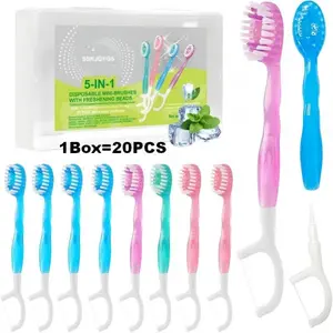 20Pack Mini Disposable Toothbrushes 5-in-1 Portable Pre-Pasted Travel Toothbrush with Toothpaste+Tongue Scraper+Floss+Pick Individually Wrapped Small Prepasted Travel Toothbrush for Kids Adult
