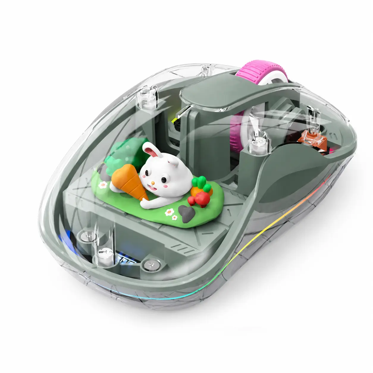 Transparent Wireless Bluetooth Mouse, 3 Modes Rechargeable Ergonomic Computer Mouse, RGB Luminous Silent Mouse, Detachable Cute Bunny Doll, Power Display, Green