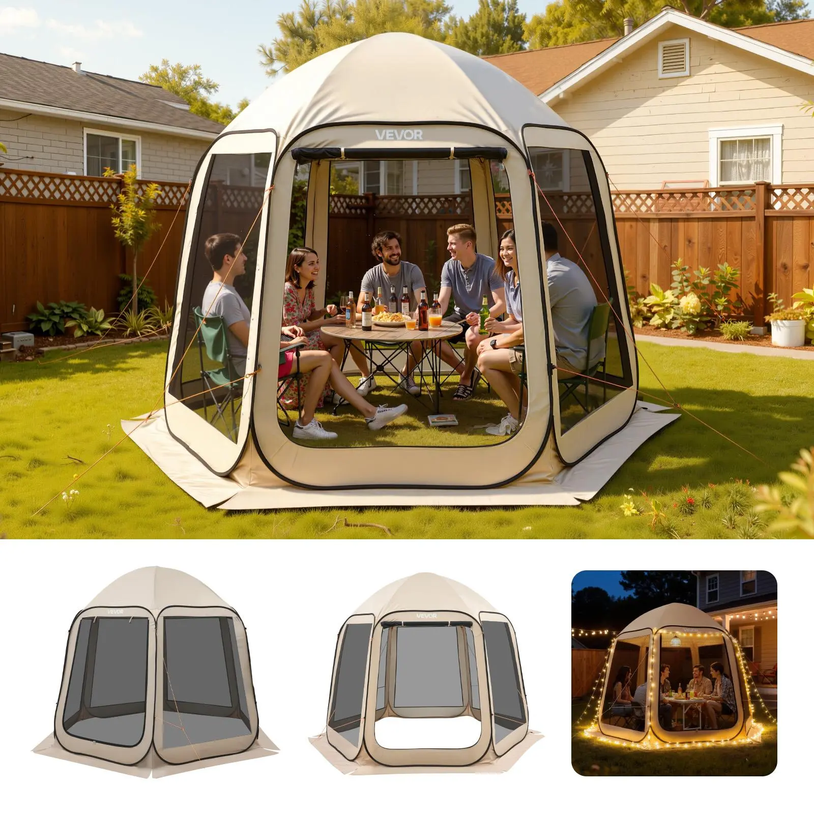 【summerfinds】VEVOR Screen House Tent, 10 x 9.2 ft, 4-8 Person Pop Up Screen Tent, Portable Screened in Canopy with Carry Bag, Netting Sides, Ground Stakes, for Garden, Patio, Backyard, Outdoor Activities, Beige