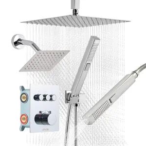 Thermostatic Shower Faucet Set with Handheld Showerhead Set, 12-in Ceiling-Mount Rain Shower Heads, 6-in Wall-Mount Spray, 2-in-1 Handheld Function, 3-Function Brass Valve & Trim Kit, Chrome