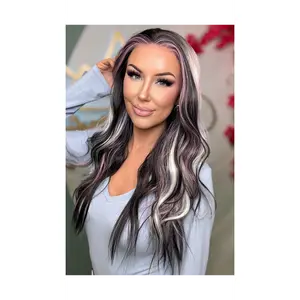 De’vil Long Pink-a-Boo Synthetic Wig Lace Front 26 Inches Black White Balayage Bubble Gum Pink 13x4 Parting 130% Density Futura Fiber