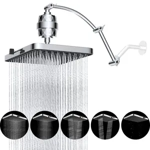 Hibbent Rain Filtered Shower Head, 13'' High Pressure Rainfall 5 Modes Showerhead with 16" Shower Head Extension Arm, Solid Brass Adjustable Shower Arm Extender, 20 Stage Shower Filter, Chrome