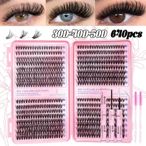 Lash Clusters Kit Natural Individual Lashes Wispy Eyelash Extensions 9-16mm DIY Lash Extension Kit Lash Bond and Seal Waterproof, Lash Applicator, Thick False Eyelashes Kit Makeup