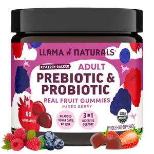 LLAMA NATURALS Probiotic Gummies with Prebiotic Fiber, Vegan Organic Gut Health Support Supplement for Adults, Real Fruit, No Added Cane Sugar, Mixed Berry Flavor, 60 Ct