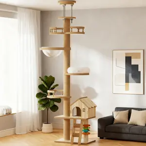 Floor to Ceiling Cat Tree with Scratching Post Adjustable Height 98-110 Inch Large Wood Condo Cave Bed and Hammock Modern Cat Activity Tower